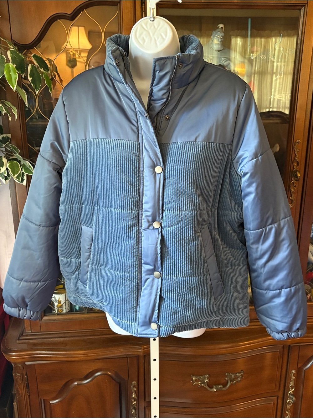 Time and Tru Blue Quilted Puffer Corduroy Short Jacket Coat Women’s Size L